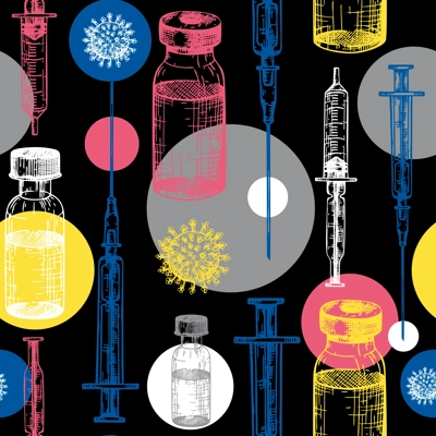 Coronavirus vaccine seamless pattern. Vector backdrop with vaccine bottle and syringe injection tools sketches. Trendy Coronavirus vaccine concept. Vector covid19 immunization backdrop